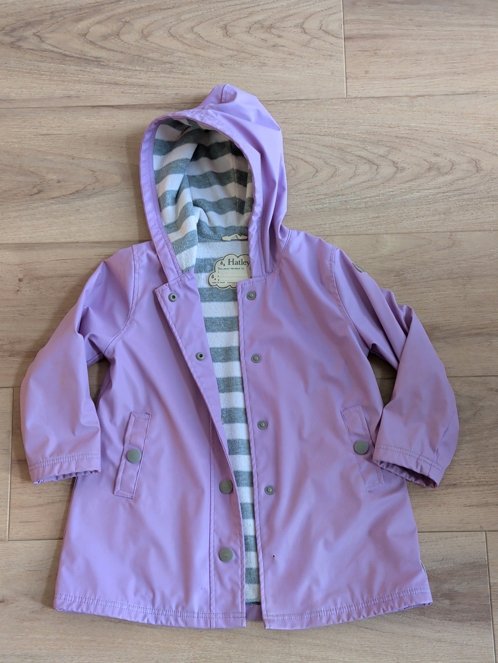 Hatley Lilac Hooded Kids Raincoat with Striped Lining